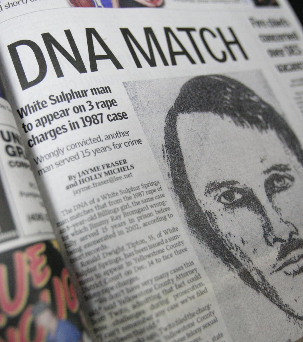 A Billing's Gazette front page reports the discovery of a DNA match in Linda's case.